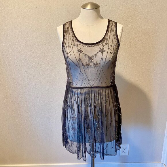 Free People Gray Sheer Beaded Starry Night Tulle‎ Ballet Aesthetic Tank Dress - Picture 1 of 8